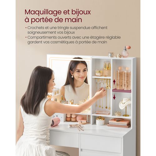 Coiffeuse Avec Tabouret De Coiffeuse, Avec Miroir Et Lumière, Largeur De 90 Cm, Blanc Et Rose
