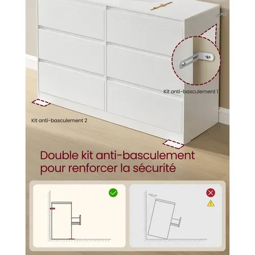 Commode Chambre 6 Tiroirs, 40 X 119,4 X 75 Cm, Style Moderne, Blanc Neige