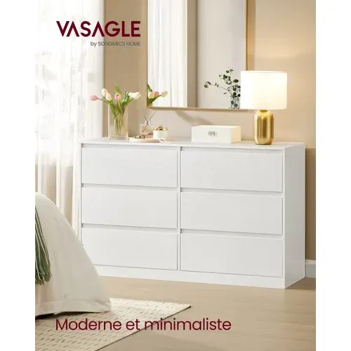 Commode Chambre 6 Tiroirs, 40 X 119,4 X 75 Cm, Style Moderne, Blanc Neige