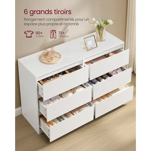Commode Chambre 6 Tiroirs, 40 X 119,4 X 75 Cm, Style Moderne, Blanc Neige