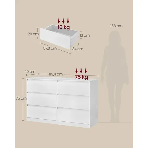 Commode Chambre 6 Tiroirs, 40 X 119,4 X 75 Cm, Style Moderne, Blanc Neige