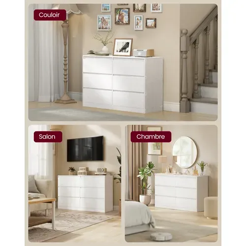 Commode Chambre 6 Tiroirs, 40 X 119,4 X 75 Cm, Style Moderne, Blanc Neige