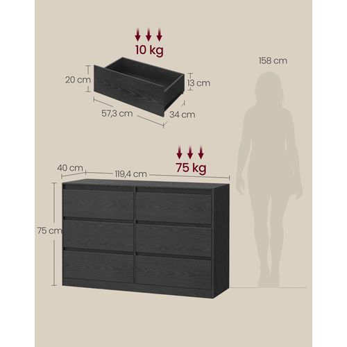 Commode Chambre 6 Tiroirs, 40 X 119,4 X 75 Cm, Style Moderne, Noir Boisé