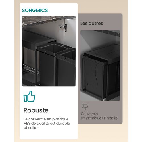 Poubelle De Tri Sélectif, Poubelle De Cuisine Extractible Coulissante, 2 Seaux De 15 L, Noir D'encre