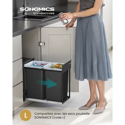 Poubelle De Tri Sélectif, Poubelle De Cuisine Extractible Coulissante, 2 Seaux De 15 L, Noir D'encre