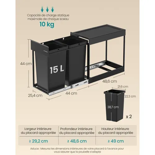 Poubelle De Tri Sélectif, Poubelle De Cuisine Extractible Coulissante, 2 Seaux De 15 L, Noir D'encre