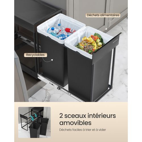 Poubelle De Tri Sélectif, Poubelle De Cuisine Extractible Coulissante, 2 Seaux De 15 L, Noir D'encre