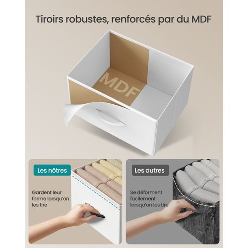 Commode 5 Tiroirs, Meuble De Rangement Pour Chambre, Acier, Panneau Mdf, Tissu Non-tissé, Blanc