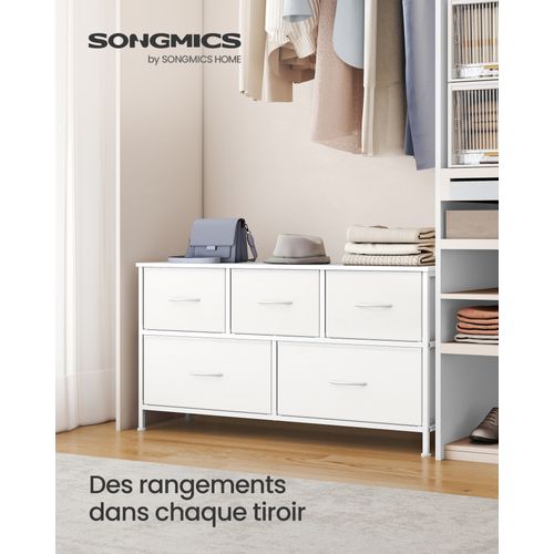 Commode 5 Tiroirs, Meuble De Rangement Pour Chambre, Acier, Panneau Mdf, Tissu Non-tissé, Blanc