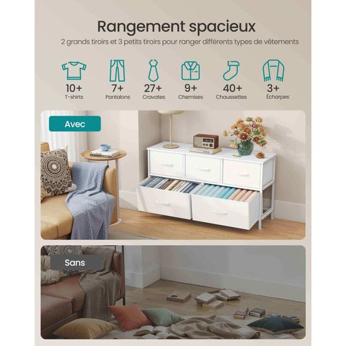 Commode 5 Tiroirs, Meuble De Rangement Pour Chambre, Acier, Panneau Mdf, Tissu Non-tissé, Blanc