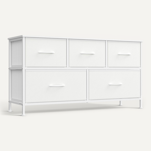 Commode 5 Tiroirs, Meuble De Rangement Pour Chambre, Acier, Panneau Mdf, Tissu Non-tissé, Blanc