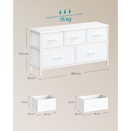 Commode 5 Tiroirs, Meuble De Rangement Pour Chambre, Acier, Panneau Mdf, Tissu Non-tissé, Blanc