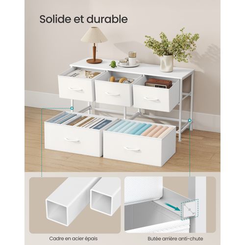 Commode 5 Tiroirs, Meuble De Rangement Pour Chambre, Acier, Panneau Mdf, Tissu Non-tissé, Blanc