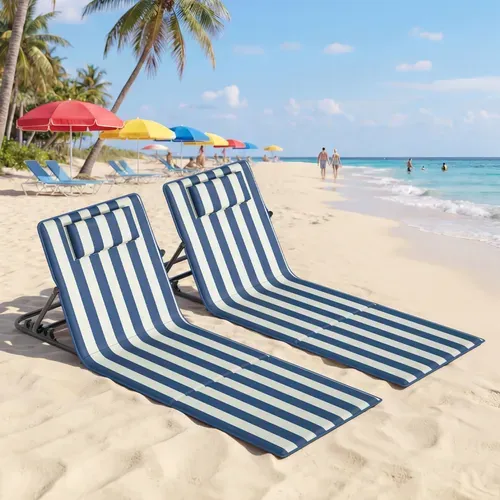 Lot De 2, Chaise Longue, Portable, Avec Appui-tête, Dossier Inclinable, Bleu Et Blanc