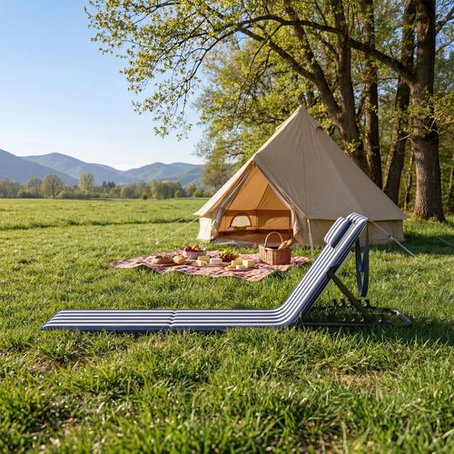 Lot De 2, Chaise Longue, Portable, Avec Appui-tête, Dossier Inclinable, Bleu Et Blanc