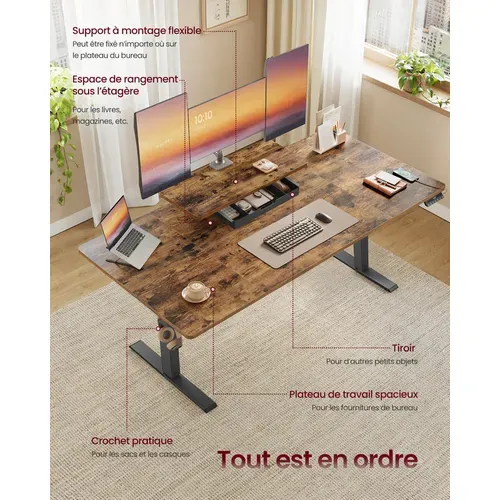 Bureau électrique Réglable En Hauteur, 160 X 80 Cm, Tiroir, Port USB-c, Marron Rustique