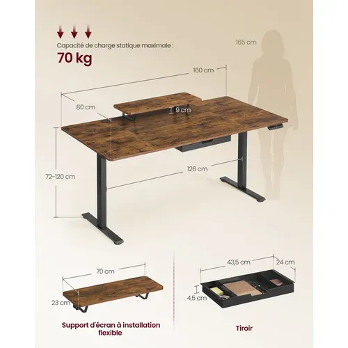 Bureau électrique Réglable En Hauteur, 160 X 80 Cm, Tiroir, Port USB-c, Marron Rustique