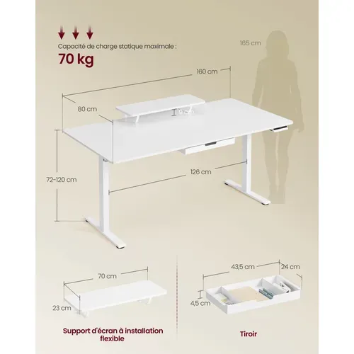 Bureau Électrique Réglable En Hauteur,rappel De Sédentarité, Pour Télétravail, Blanc Nuage