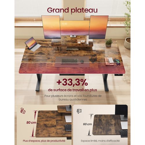 Bureau Électrique Réglable En Hauteur, 140 X 70 Cm, Port USB-c, Marron Rustique