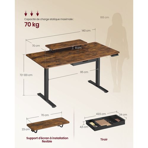 Bureau Électrique Réglable En Hauteur, 140 X 70 Cm, Port USB-c, Marron Rustique
