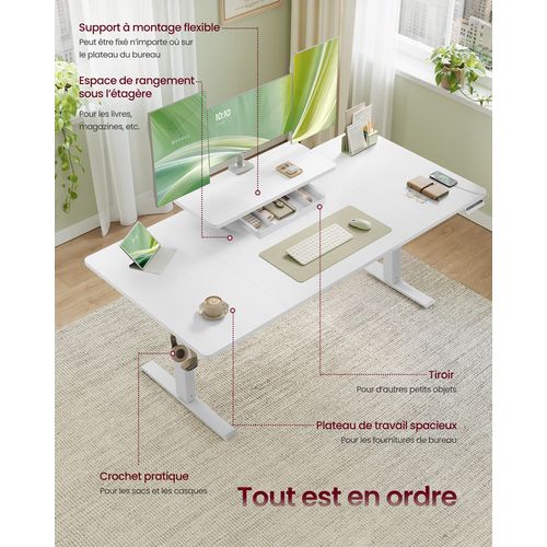 Bureau Électrique Réglable En Hauteur, 140 X 70 Cm, Port USB-c, Blanc Nuage