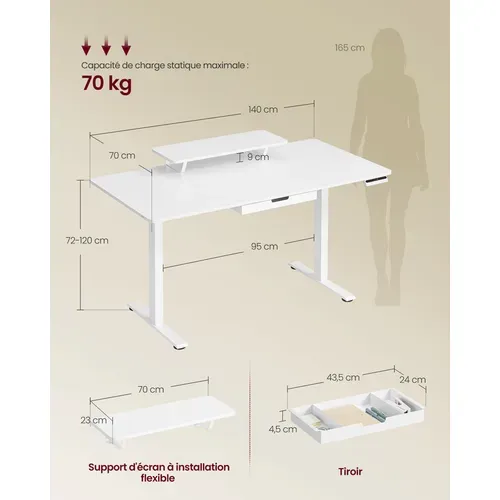 Bureau Électrique Réglable En Hauteur, 140 X 70 Cm, Port USB-c, Blanc Nuage