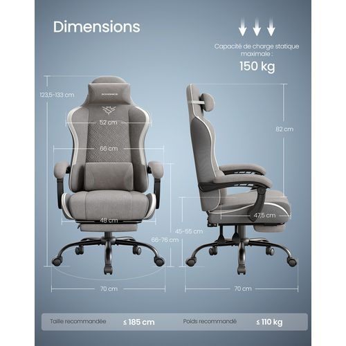 Chaise Gaming, Ergonomique, Coussin D’assise à Ressorts, Repose-pieds, Gris Tourterelle