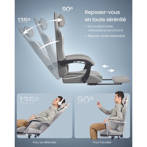 Chaise Gaming, Ergonomique, Coussin D’assise à Ressorts, Repose-pieds, Gris Tourterelle