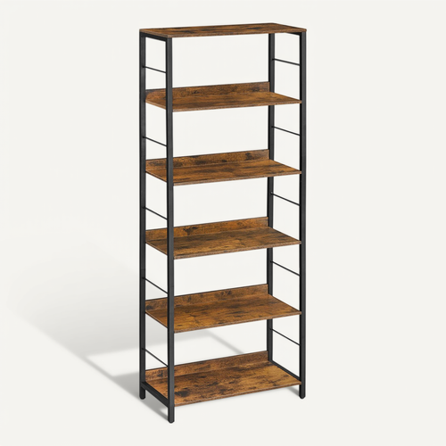 Bibliothèque Sur 6 Niveaux, Avec Panneaux Arrière, Style Industriel, Marron Rustique Et Noir