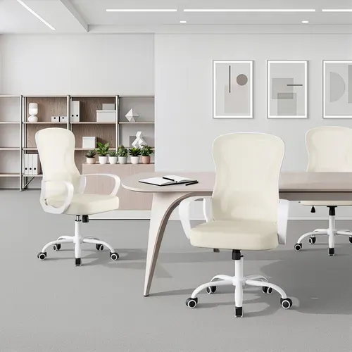 Chaise De Bureau Ergonomique, En Maille, Fonction Bascule, Accoudoirs, Beige Et Blanc