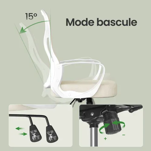 Chaise De Bureau Ergonomique, En Maille, Fonction Bascule, Accoudoirs, Beige Et Blanc