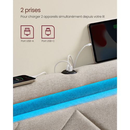 Lit Double, 140 X 190 Cm, Avec LED, 4 Tiroirs，tête De Lit Rembourrée Ajustable,beige