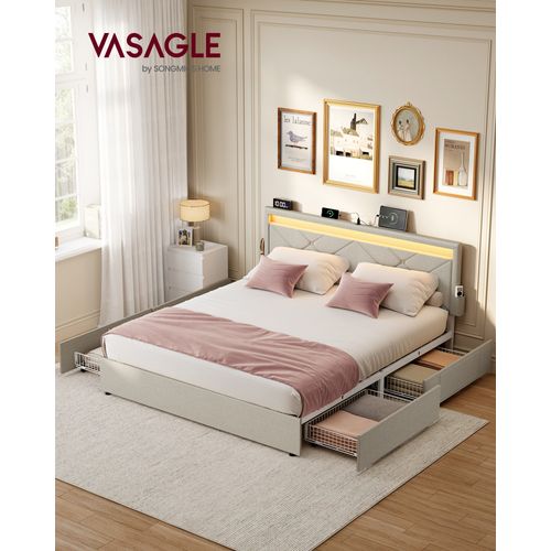Lit Double, 140 X 190 Cm, Avec LED, 4 Tiroirs，tête De Lit Rembourrée Ajustable,beige