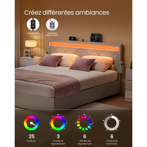 Lit Double, 140 X 190 Cm, Avec LED, 4 Tiroirs，tête De Lit Rembourrée Ajustable,beige