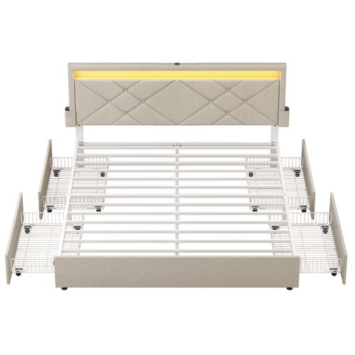Lit Double, 140 X 190 Cm, Avec LED, 4 Tiroirs，tête De Lit Rembourrée Ajustable,beige
