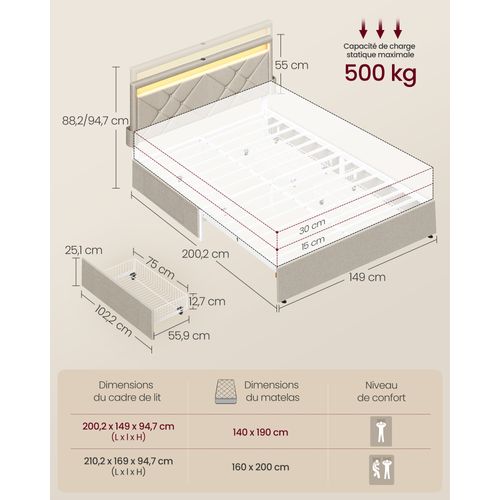 Lit Double, 140 X 190 Cm, Avec LED, 4 Tiroirs，tête De Lit Rembourrée Ajustable,beige