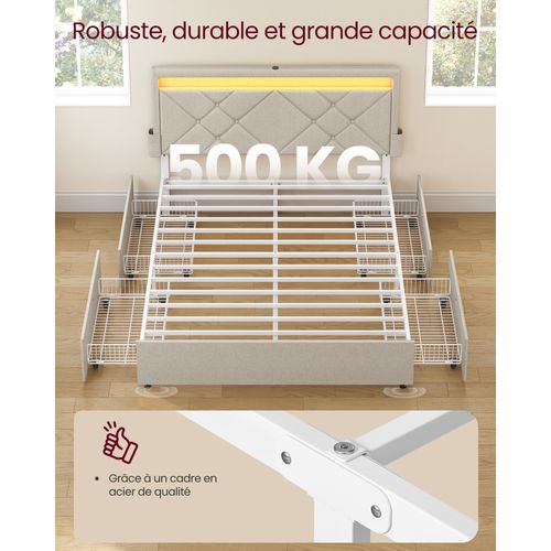 Lit Double, 140 X 190 Cm, Avec LED, 4 Tiroirs，tête De Lit Rembourrée Ajustable,beige