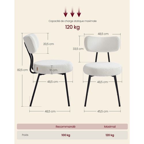 Chaises Salle à Manger, Lot De 4, Tissu Peluche, Dossier Courbé, Rembourrées, Blanc Crème