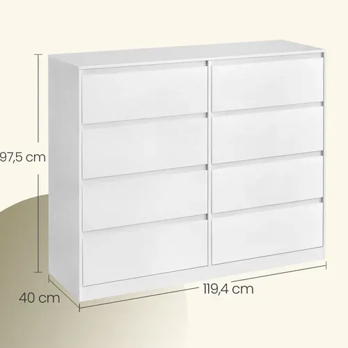 Vasagle Commode 8 Tiroirs, 40 X 119,4 X 97,5 Cm, Style Moderne, Blanc