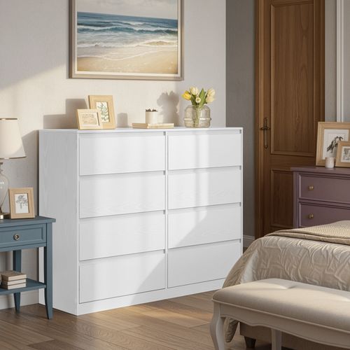 Vasagle Commode 8 Tiroirs, 40 X 119,4 X 97,5 Cm, Style Moderne, Blanc