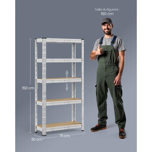 étagère De Rangement Charge Lourde, Lot De 2, 30 X 75 X 150 Cm, Charge Jusqu’à 875 Kg, Argent
