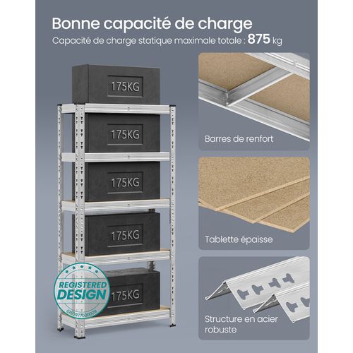 étagère De Rangement Charge Lourde, Lot De 2, 30 X 75 X 150 Cm, Charge Jusqu’à 875 Kg, Argent