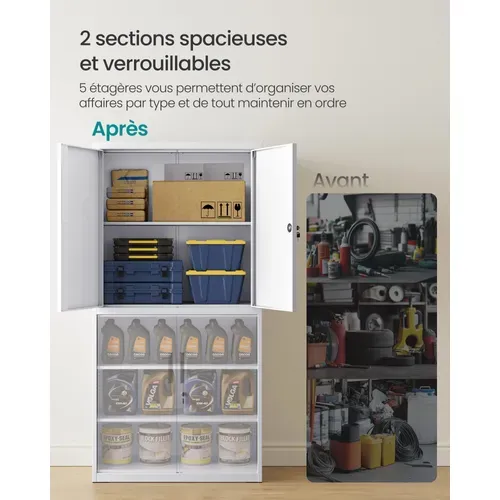 Armoire De Garage à 5 Étagères Avec 4 Portes,étagères Réglables, En Métal, Blanc Mat