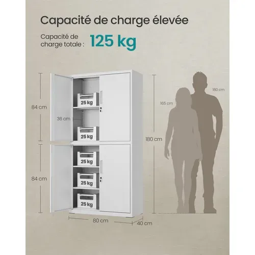Armoire De Garage à 5 Étagères Avec 4 Portes,étagères Réglables, En Métal, Blanc Mat