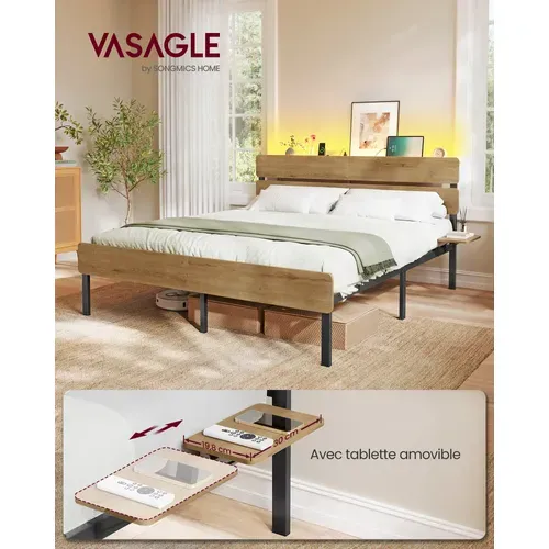 Cadre De Lit 160 X 200 Avec Sommier Métal,,port USB Et Type-c, Espace De Rangement，marron
