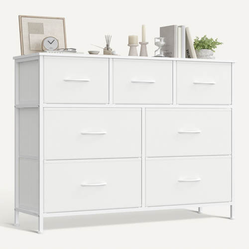 SONGMICS Commode 5 Tiroirs Tissu - Meuble Rangement Chambre Blanc Et Couleur Boisée LTS315W01