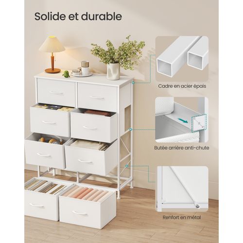 Commode 8 Tiroirs, Meuble De Rangement, Acier, Panneau Mdf, Tissu Non-tissé,, Blanc Et Blanc
