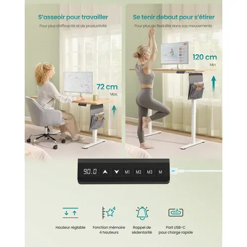 Bureau électrique Réglable En Hauteur, Fonction Mémoire 4 Hauteurs,  Organiseur, Pour Télétravail