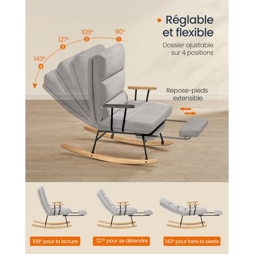 Fauteuil à Bascule, Dossier Réglable Sur 4 Positions, Supporte Jusqu'à 160 Kg, Gris Tourterelle