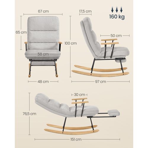 Fauteuil à Bascule, Dossier Réglable Sur 4 Positions, Supporte Jusqu'à 160 Kg, Gris Tourterelle